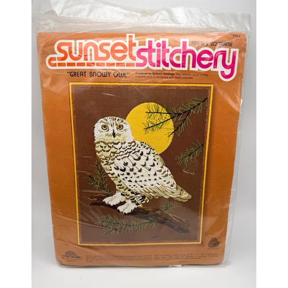 Other - Vintage 1978 Sunset Stitchery Great Snowy Owl Barbara Jennings Crewel Kit 16x20